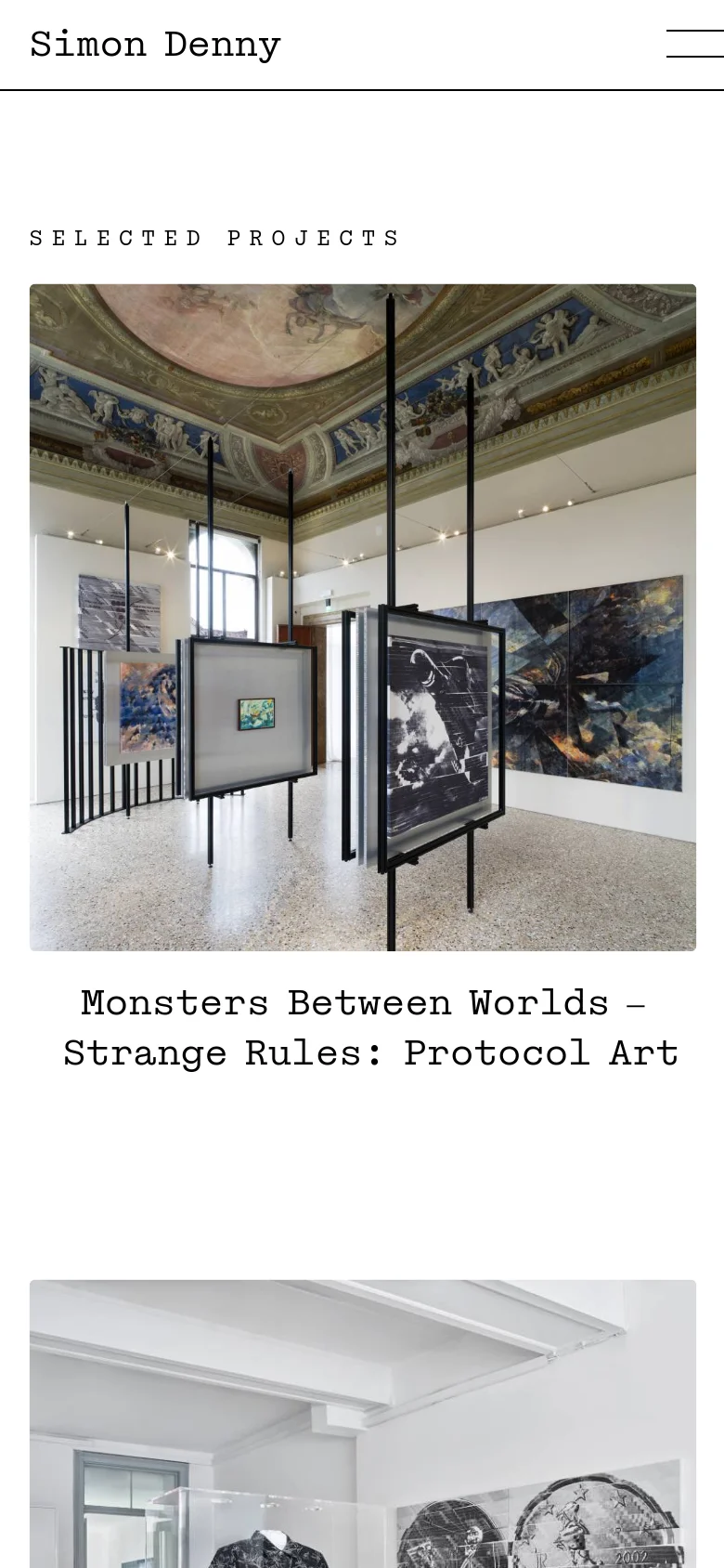 The mobile version presents a single-column vertical layout optimized for scrolling. The header contains the artist's name and a hamburger menu icon, while the 'Selected Projects' section features large, full-width images stacked vertically with their corresponding titles underneath.