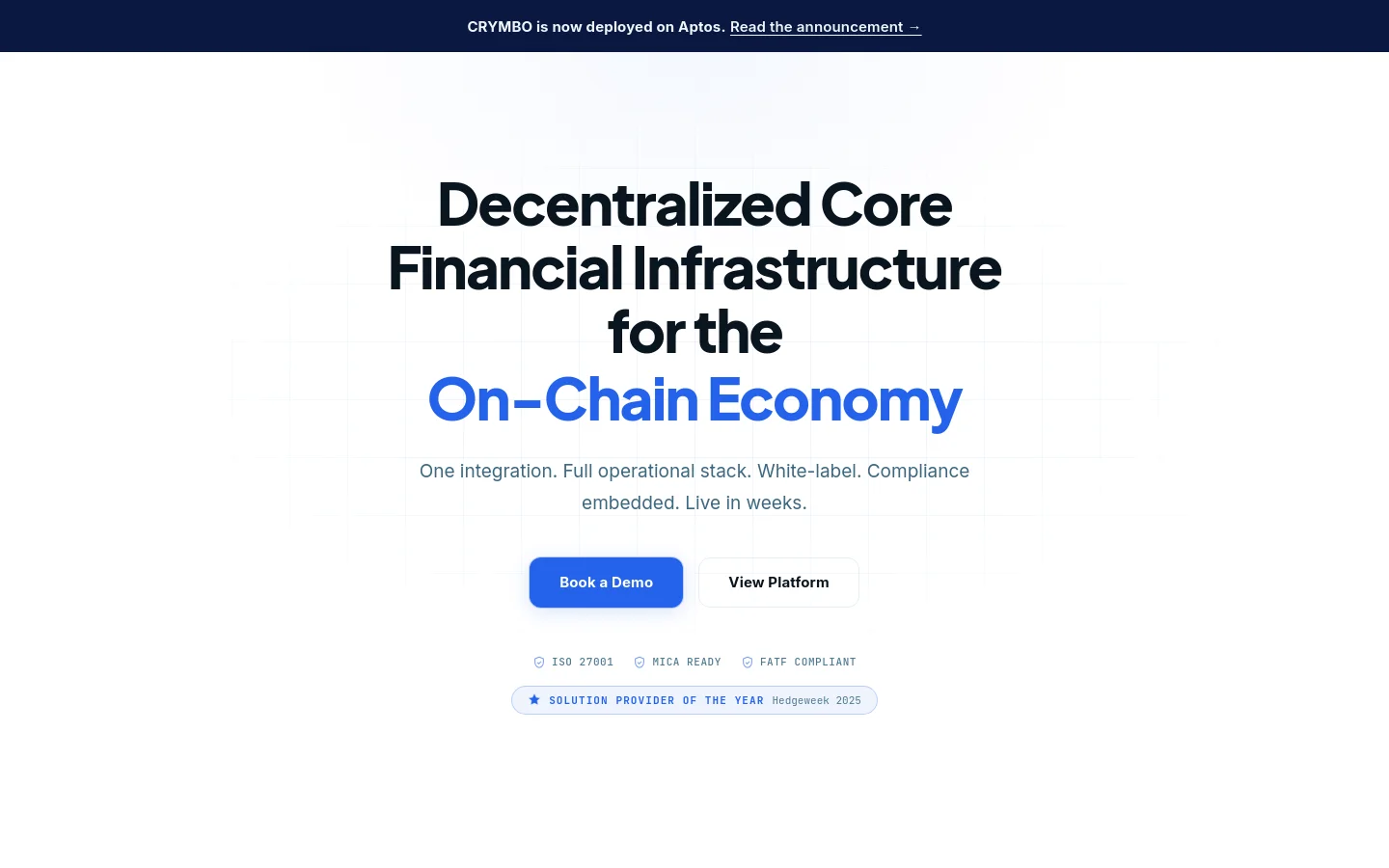 The desktop homepage features a clean, minimalist design with a white background and dark blue text. A large hero headline reads 'Decentralized Core Financial Infrastructure for the On-Chain Economy' above two primary buttons: a blue 'Book a Demo' button and a white 'View Platform' button. Below the buttons, compliance badges and a 'Solution Provider of the Year' award are displayed in a light grey pill-shaped container.