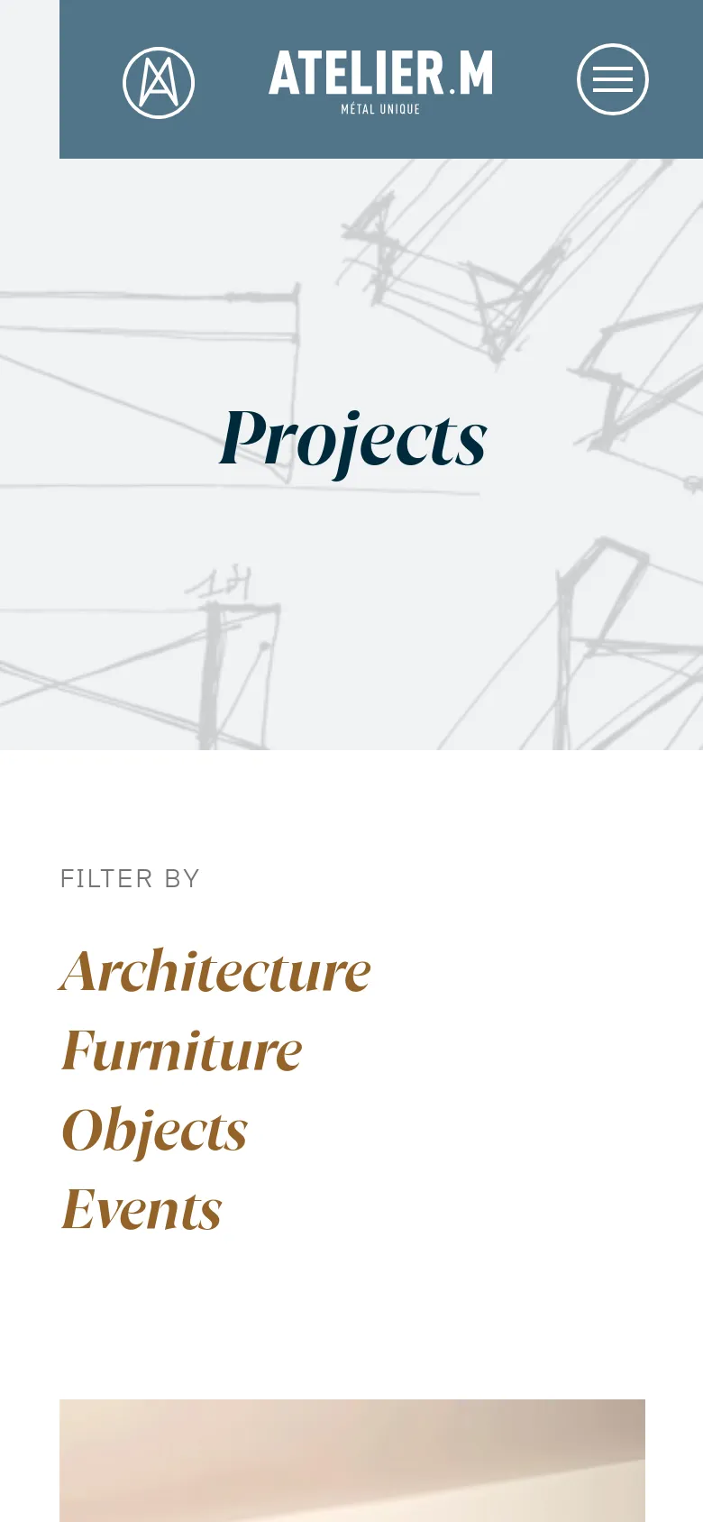 The mobile version simplifies the layout, displaying the 'Projects' title over a sketch background with a condensed header containing a logo and a hamburger menu icon. The filter options are listed vertically in a large, elegant serif font, followed by a single-column scroll of project images.