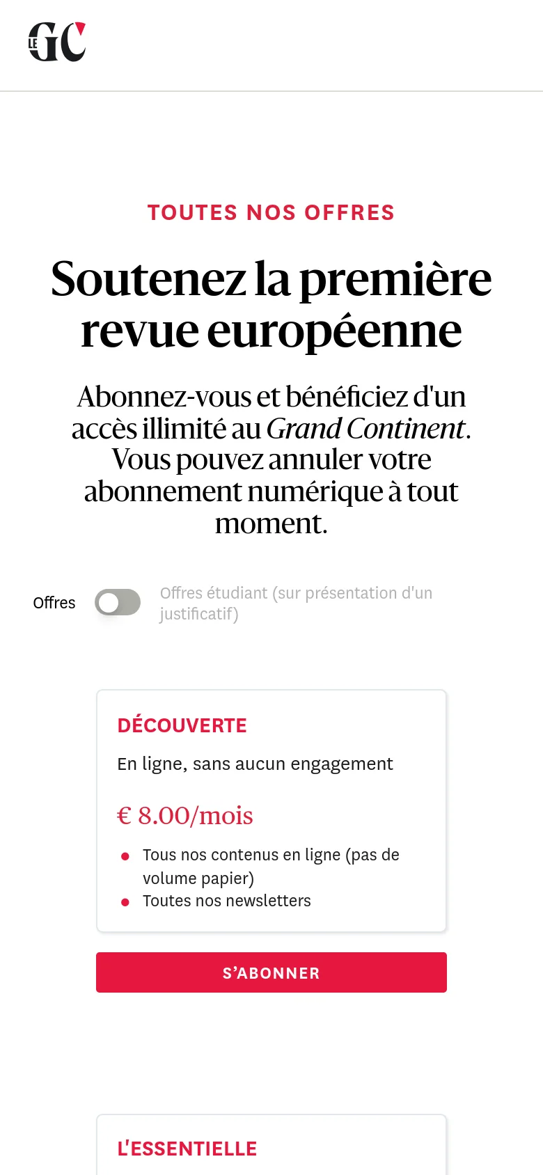 The mobile version uses a vertical layout with a centered header and large, bold typography. The subscription plan cards are stacked vertically rather than in a row, making each plan full-width for easier scrolling and tapping on a smaller screen.