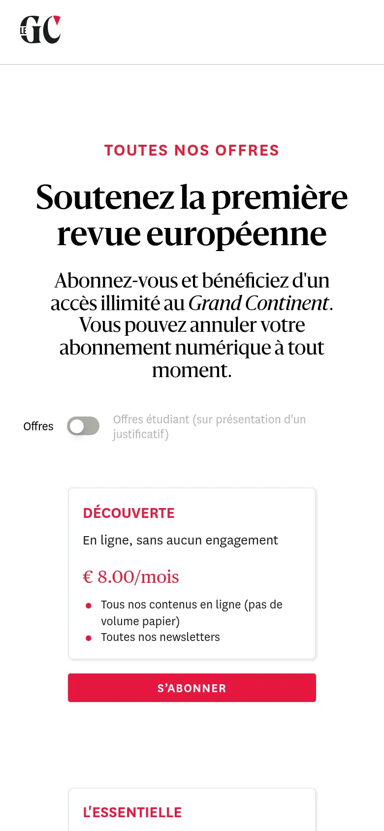 The mobile version uses a vertical layout with a centered header and large, bold typography. The subscription plan cards are stacked vertically rather than in a row, making each plan full-width for easier scrolling and tapping on a smaller screen.