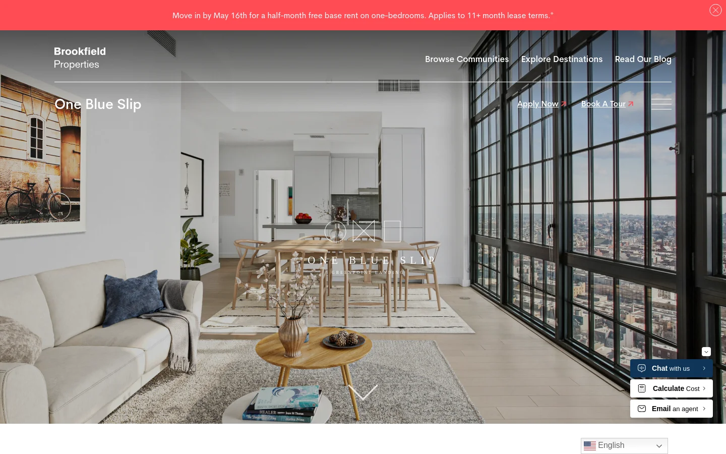 The desktop homepage features a full-width hero image of a modern, sunlit apartment with floor-to-ceiling windows overlooking a city skyline. A white logo for One Blue Slip is centered, with navigation links for 'Browse Communities', 'Explore Destinations', and 'Read Our Blog' at the top, and 'Apply Now' and 'Book A Tour' buttons on the right. A red promotional banner spans the very top of the page.