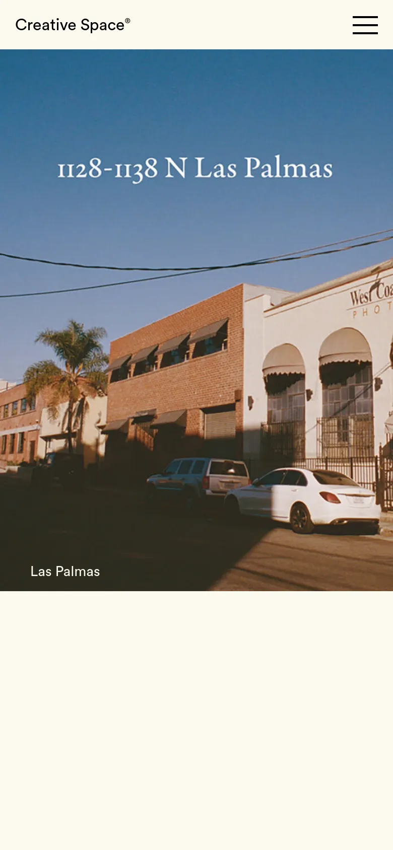 The mobile version maintains the large hero image of the building and the '1128-1138 N Las Palmas' headline, but the navigation is condensed into a hamburger menu icon at the top right. The Creative Space logo is visible at the top left, and the overall layout is vertically oriented to fit a narrower screen.