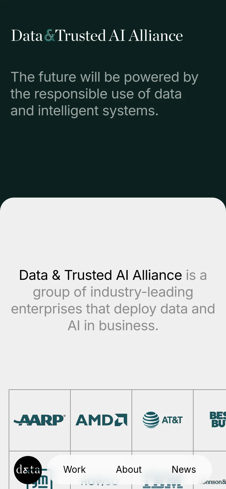 The mobile version maintains the dark green hero section with the 'Data & Trusted AI Alliance' title and main headline, but the text is scaled for a narrower screen. The bottom navigation pill remains visible, and the partner logo grid transitions into a vertical or multi-row layout within the white section below the hero.