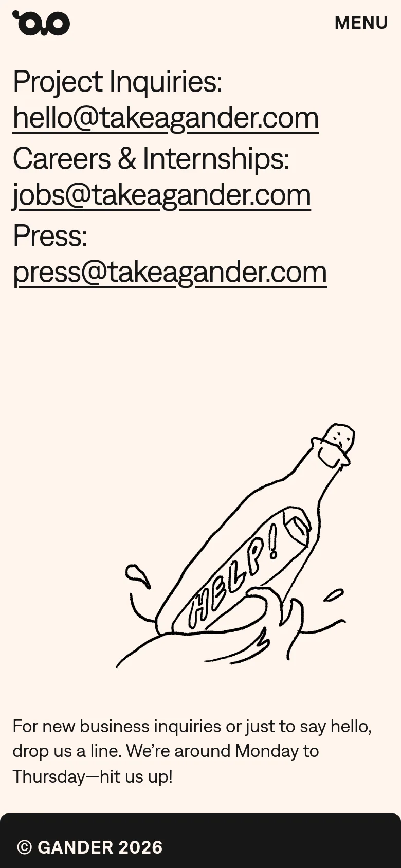The mobile version maintains the light beige background and large black text for email contacts, but the layout is vertically stacked. The 'HELP!' message in a bottle illustration is centered below the contact information, and the navigation is condensed into a 'MENU' button at the top right.