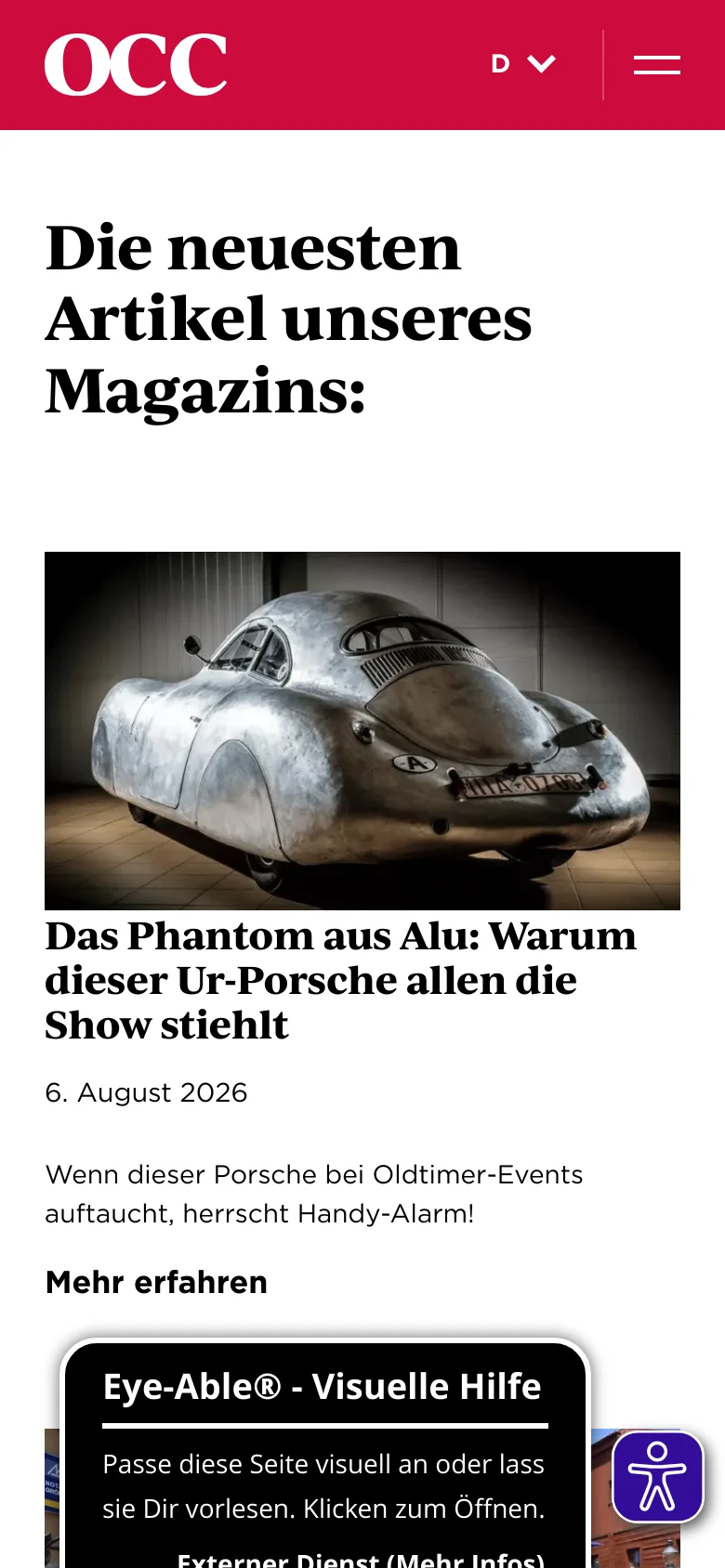 The mobile version simplifies the layout with a condensed red header containing the OCC logo, a language selector, and a hamburger menu icon. The main headline is prominent, followed by a single-column stack of article cards, including a large image of a vintage silver Porsche and its corresponding headline and date.
