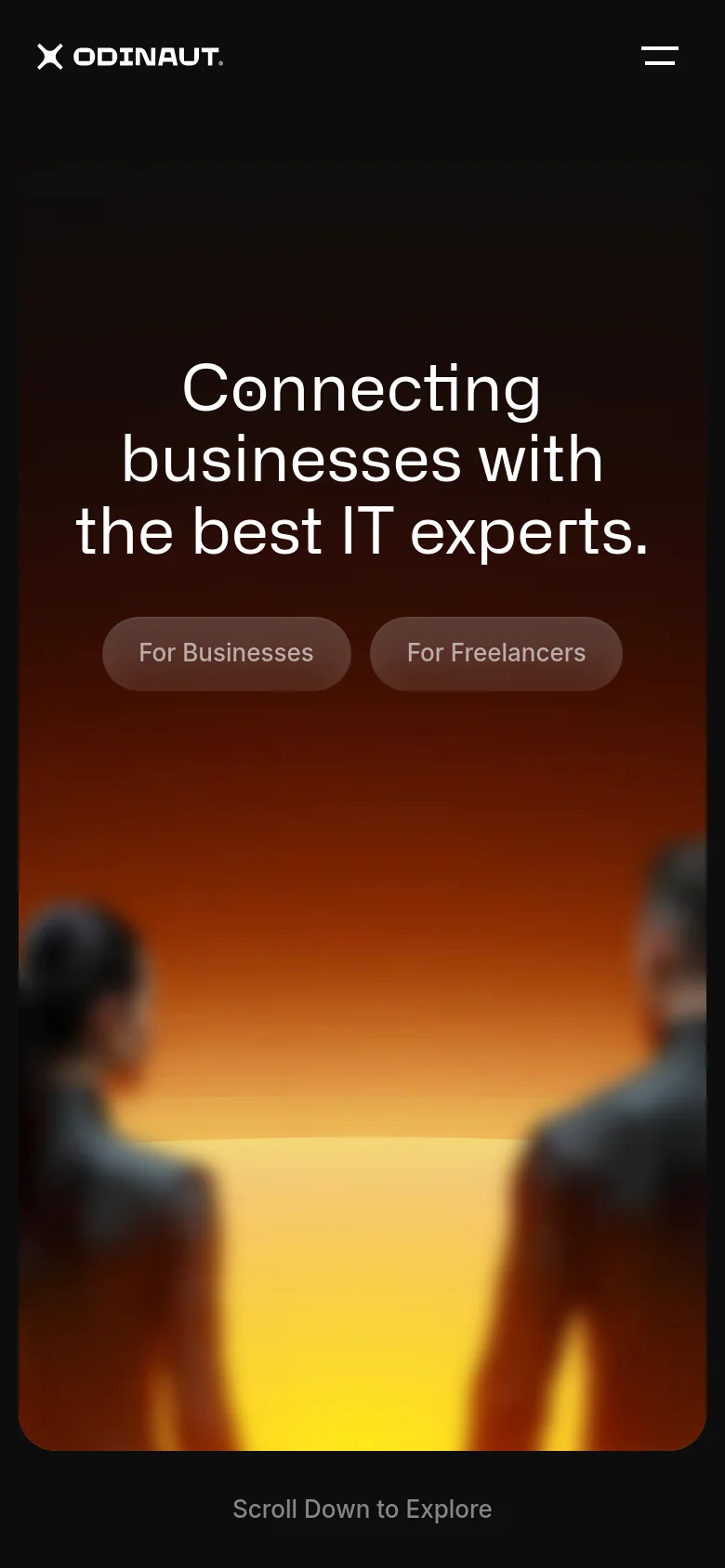 The mobile version maintains the dark, warm-toned hero imagery with the central headline and two call-to-action buttons stacked vertically. The top navigation is simplified, replacing the full menu with a hamburger icon next to the Odinaut logo. The 'Scroll Down to Explore' prompt remains at the bottom of the viewport.
