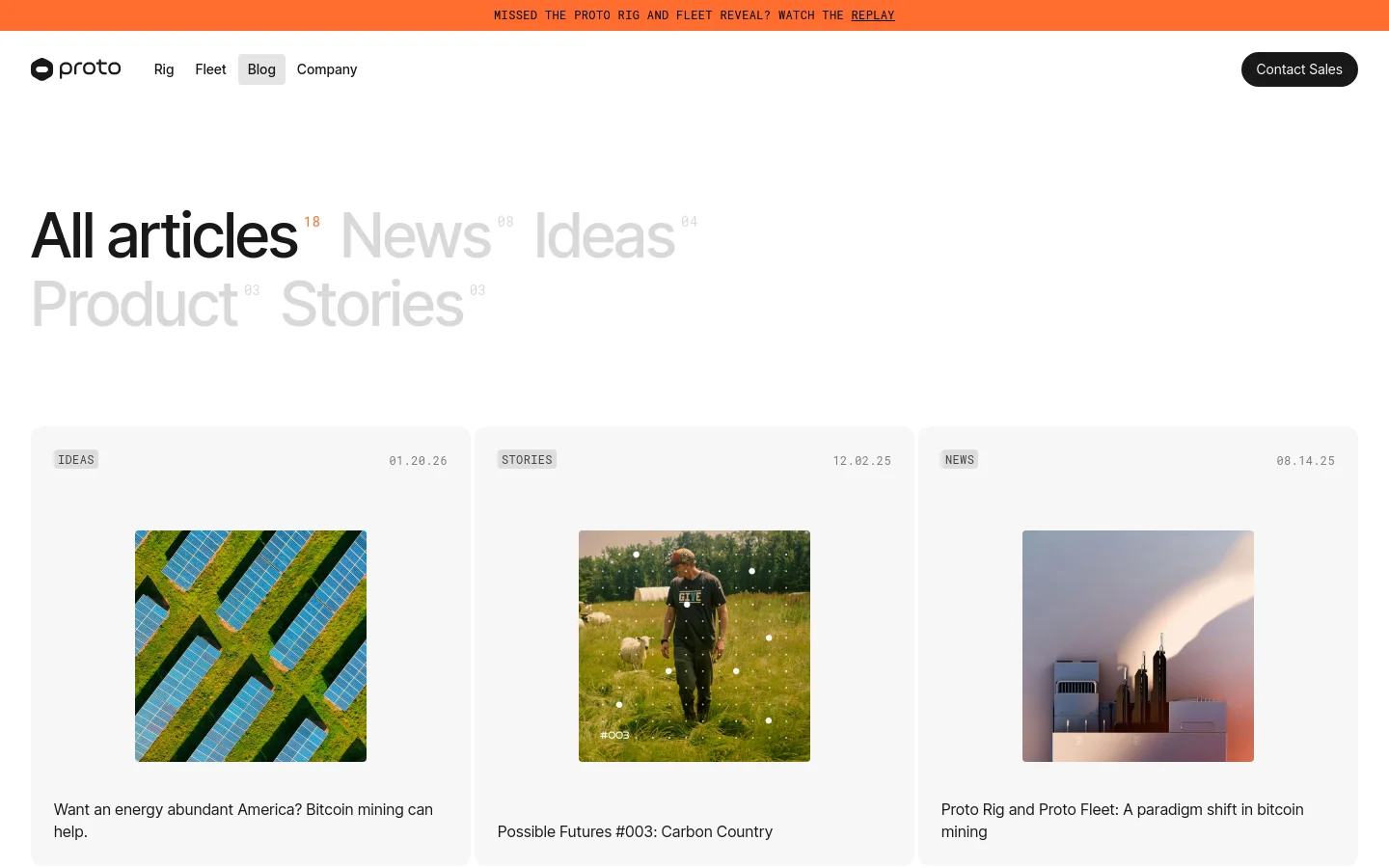 The desktop blog page features a clean white background with a navigation bar containing the Proto logo and links for Rig, Fleet, Blog, and Company. A large headline reads 'All articles' followed by category filters for News, Ideas, Product, and Stories with numerical counts. Below, a grid of blog posts displays large square images, category tags, dates, and article titles.