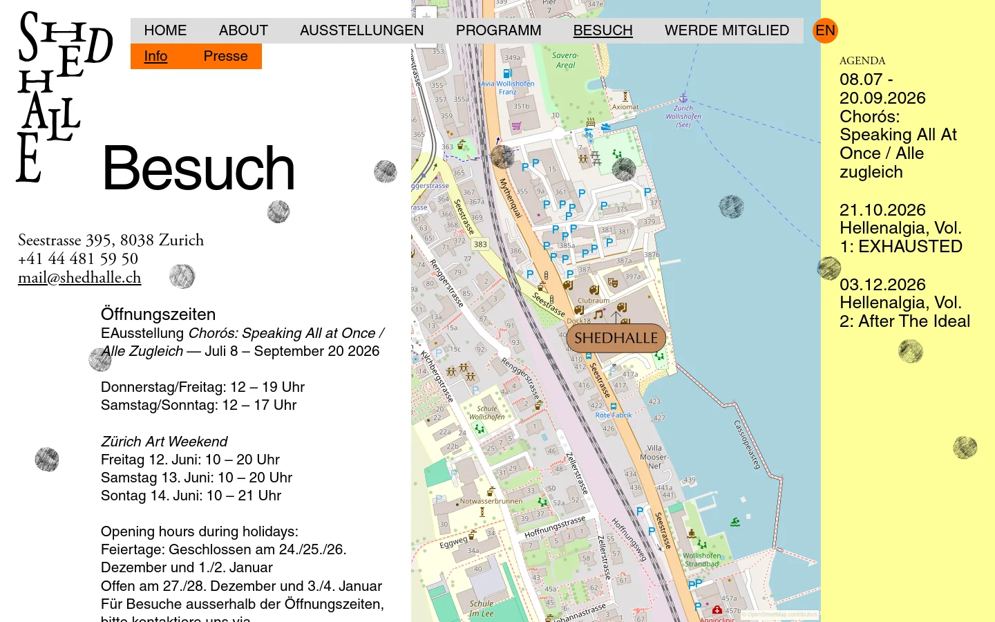 The desktop page features a minimalist white background with large black typography for the heading 'Besuch'. A navigation bar sits at the top, and the main content includes contact details, opening hours, and an embedded interactive map showing the Shedhalle location near the lake. A sidebar on the right lists upcoming agenda items in black text on a pale yellow background.