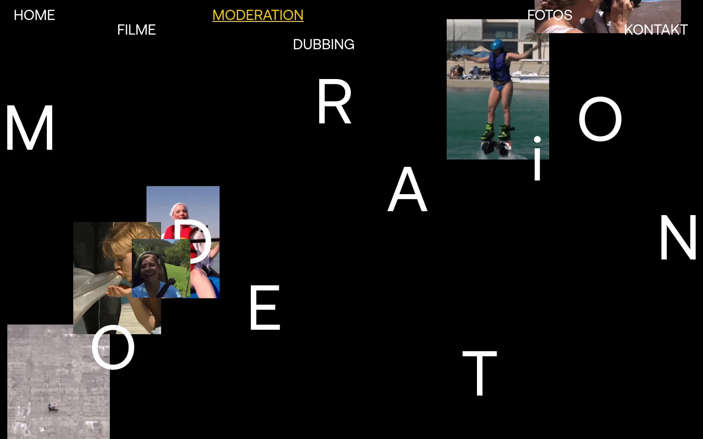 The desktop page features a minimalist black background with the large, white, scattered letters spelling 'MODERATION'. Various rectangular video clips or images of Eva Habermann in different settings, such as outdoors or near water, are interspersed between the letters. A navigation menu at the top includes links for Home, Filme, Moderation, Dubbing, Fotos, and Kontakt.
