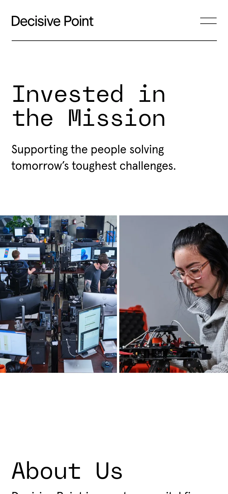 The mobile version presents a simplified layout with a hamburger menu icon and the Decisive Point logo at the top. The main headline 'Invested in the Mission' is centered, followed by a vertical stack of large images showcasing various technology and mission-driven scenes.