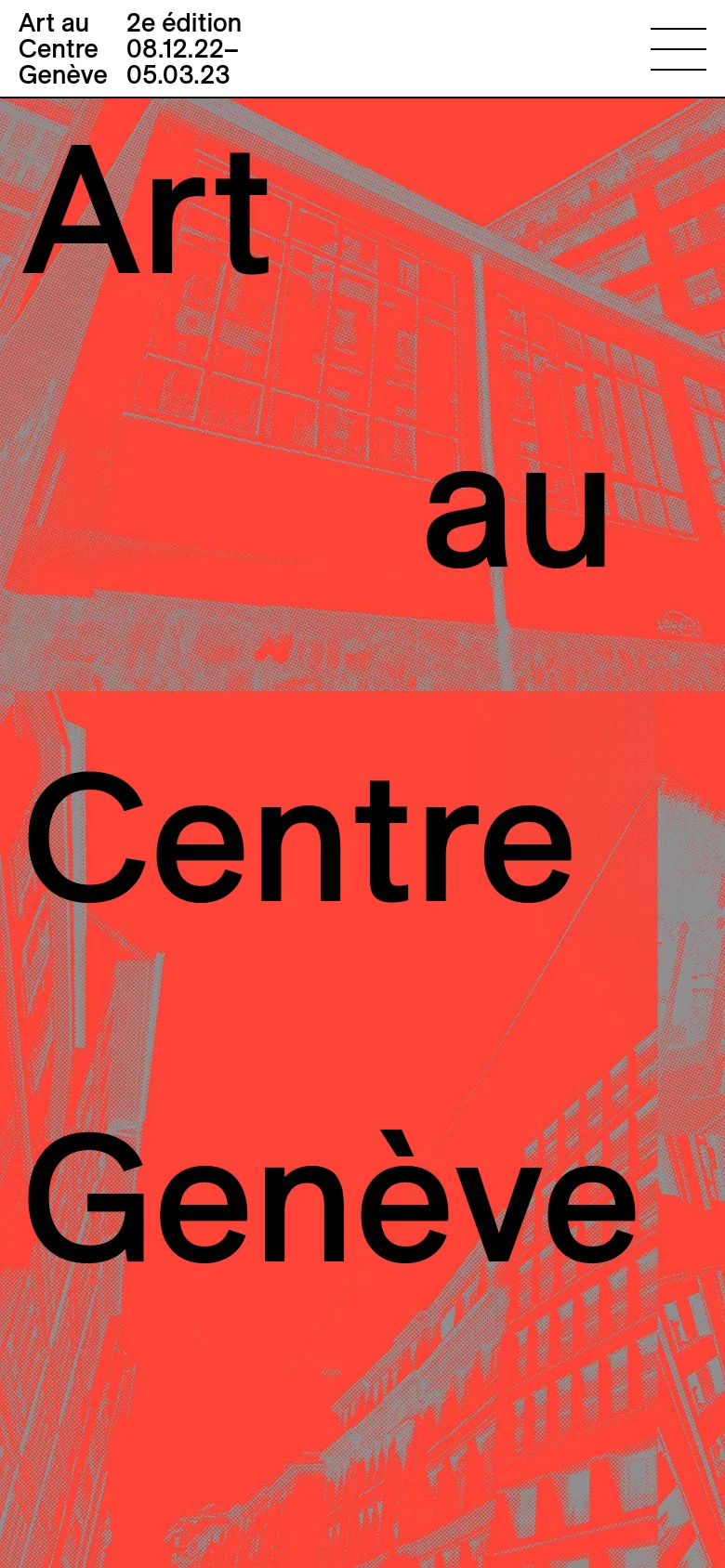The mobile version presents a simplified vertical layout with the large 'Art au Centre Genève' headline dominating the screen over the red city collage. The top navigation is condensed into a hamburger menu icon in the upper right corner, and the event dates are positioned at the top left.