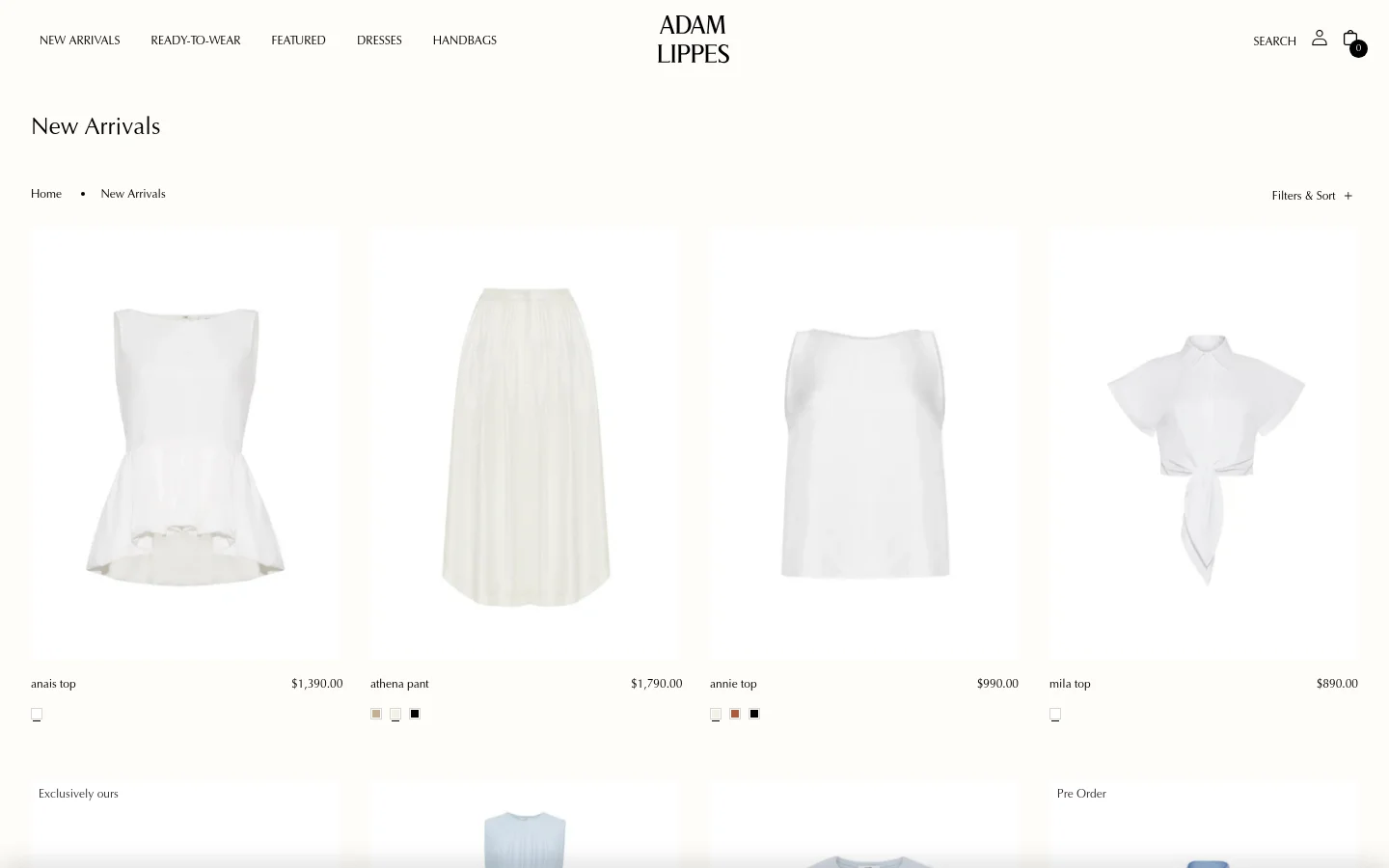 The desktop version of the New Arrivals page features a minimalist white layout with the Adam Lippes logo centered at the top. A navigation menu includes categories like Ready-to-Wear and Dresses, while the main content displays a grid of high-end clothing items, such as the anais top and athena pant, with prices listed below each image. A 'Filters & Sort' option is located on the right side above the product grid.