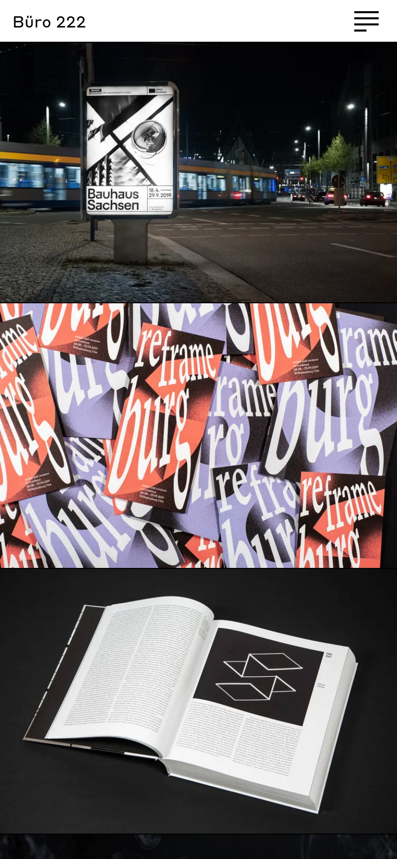 The mobile version simplifies the layout into a single vertical column. The header remains at the top with the brand name and menu icon, followed by the portfolio images stacked vertically: the Bauhaus Sachsen street scene, the colorful poster collage, and the open book image.