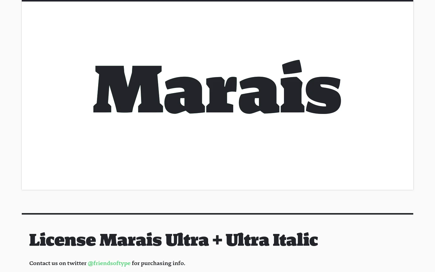 The desktop homepage features a minimalist white background with large, bold black typography. A hero section displays the word 'Marais' in a heavy slab serif font, followed by licensing information and a series of character specimen images arranged in a grid.