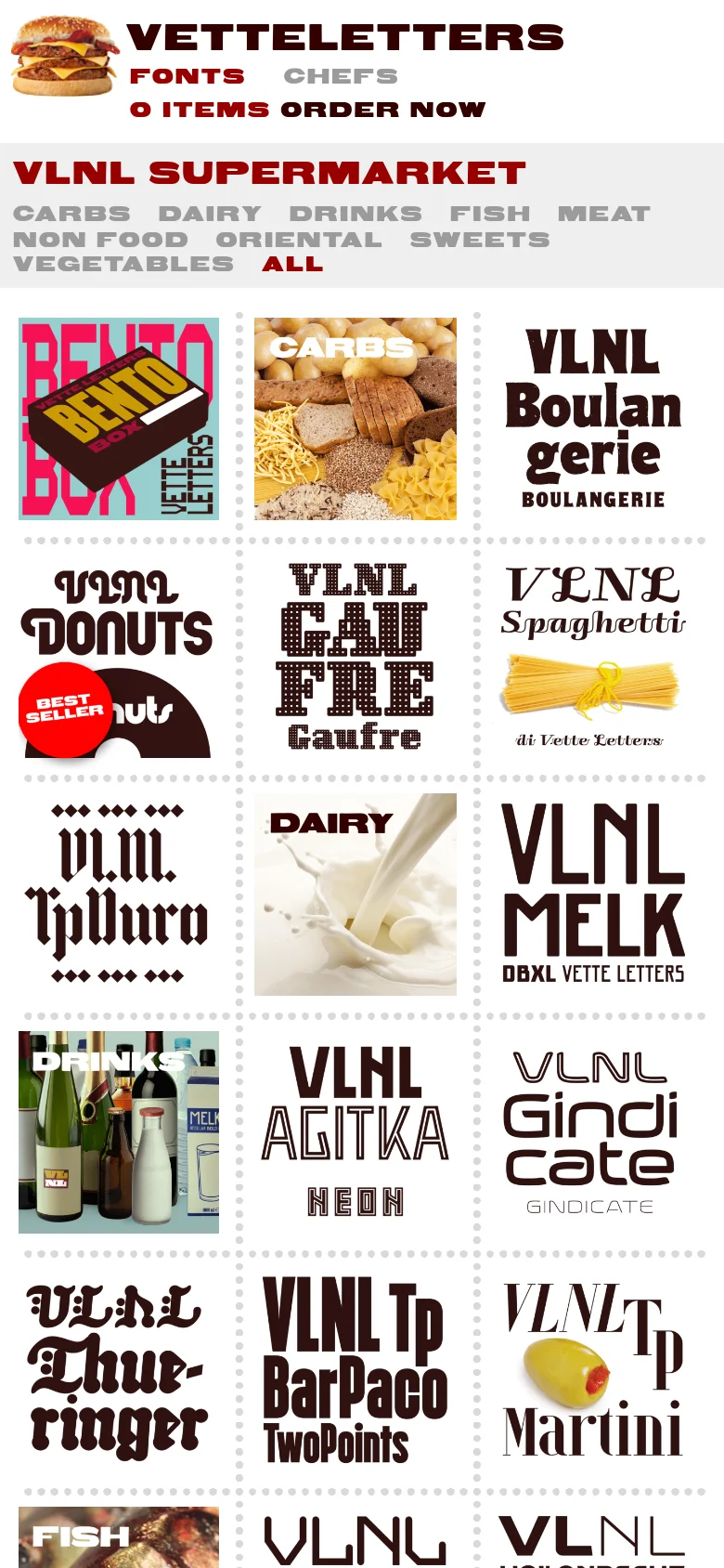 The mobile version presents a stacked layout with the logo and burger icon at the top, followed by the 'VLNL SUPERMARKET' title and a simplified category menu. The font preview tiles are arranged in a single-column vertical scroll, making each large typographic sample easier to view on a small screen.