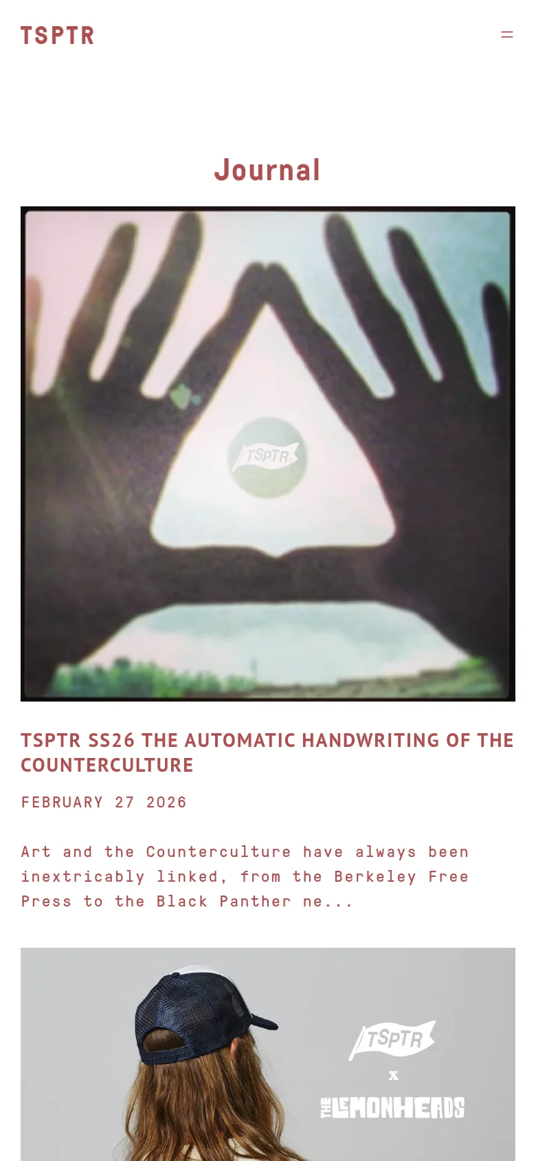 The mobile version maintains the minimalist white and red color scheme but shifts to a single-column vertical layout. The header is condensed with a hamburger menu icon on the right, and the blog posts are stacked vertically with large, full-width images above their respective headlines and descriptions.