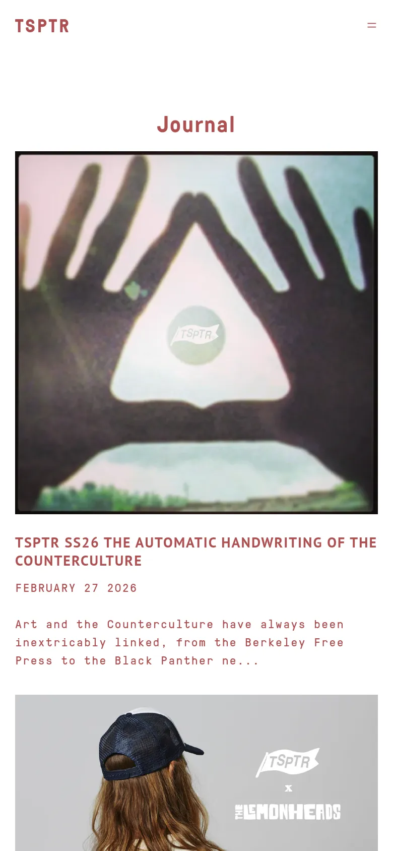 The mobile version maintains the minimalist white and red color scheme but shifts to a single-column vertical layout. The header is condensed with a hamburger menu icon on the right, and the blog posts are stacked vertically with large, full-width images above their respective headlines and descriptions.
