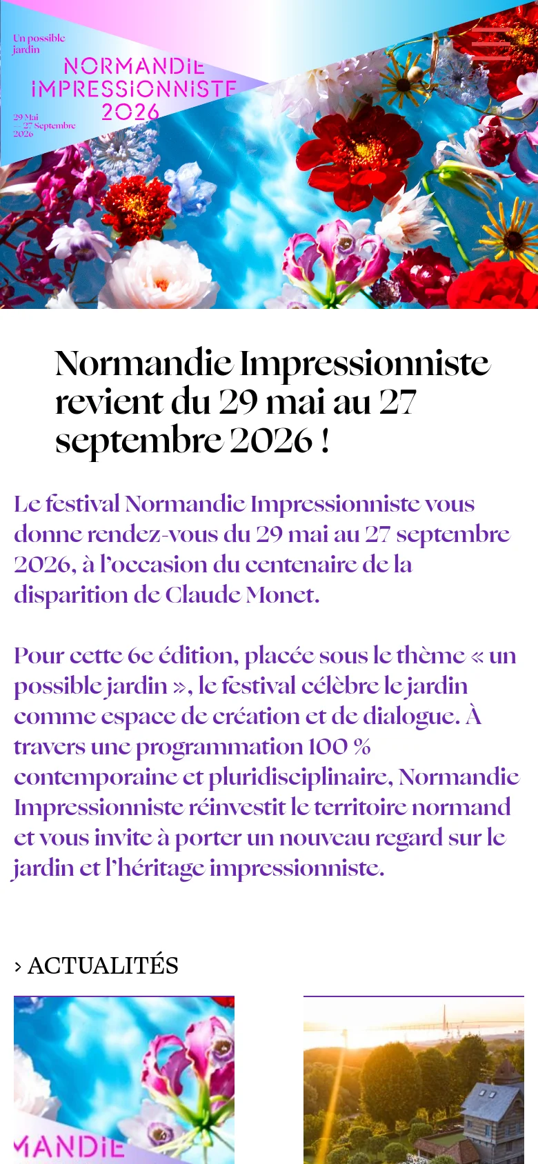 The mobile version presents a vertically stacked layout, starting with a condensed version of the floral hero image and festival title. The headline and descriptive text follow, scaled for a narrow screen, and the content flows in a single column for easier scrolling. The navigation icons are simplified at the top of the screen.
