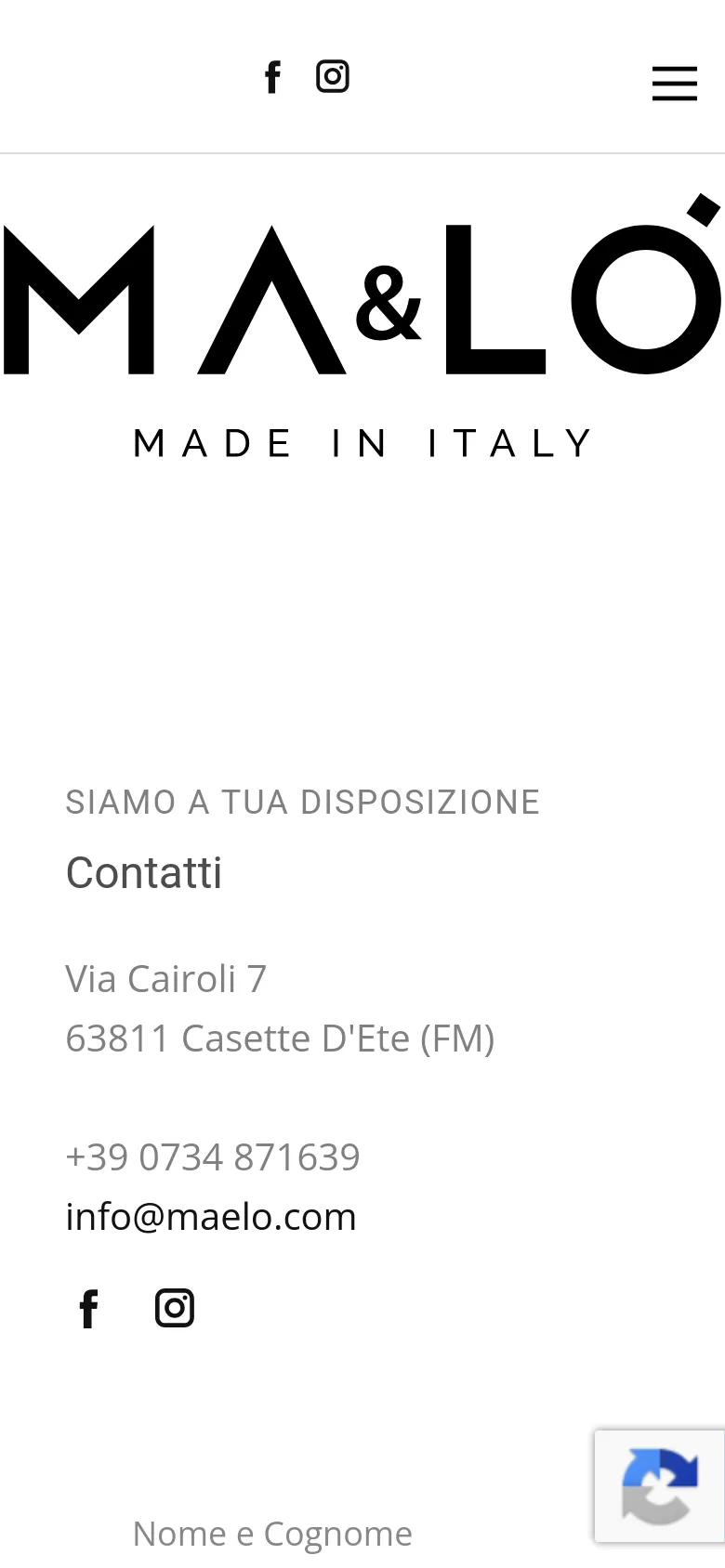 The mobile version presents a vertically stacked layout on a white background, starting with a large centered logo and a hamburger menu icon. The 'Contatti' heading and contact information are centered, followed by the contact form fields and the 'INVIA' button, providing a streamlined single-column experience compared to the desktop version.