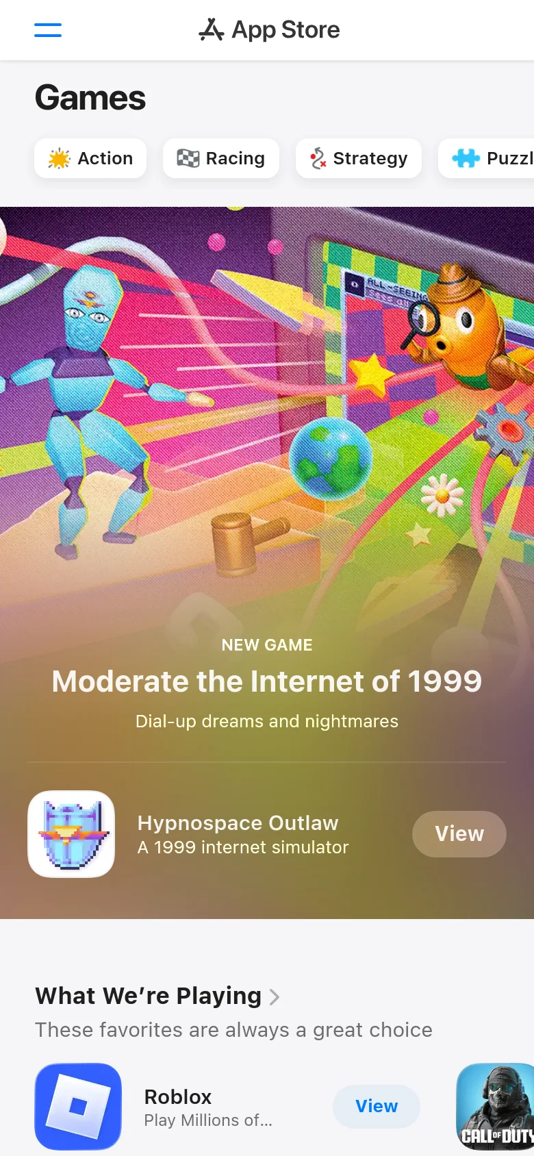 The mobile version simplifies the layout by removing the left sidebar and condensing the genre buttons into a single horizontal scrolling row at the top. The hero banner remains prominent with the 'Hypnospace Outlaw' call to action, followed by a vertical list of 'What We're Playing' game tiles. The design uses a clean white background with high-contrast blue and grey buttons.