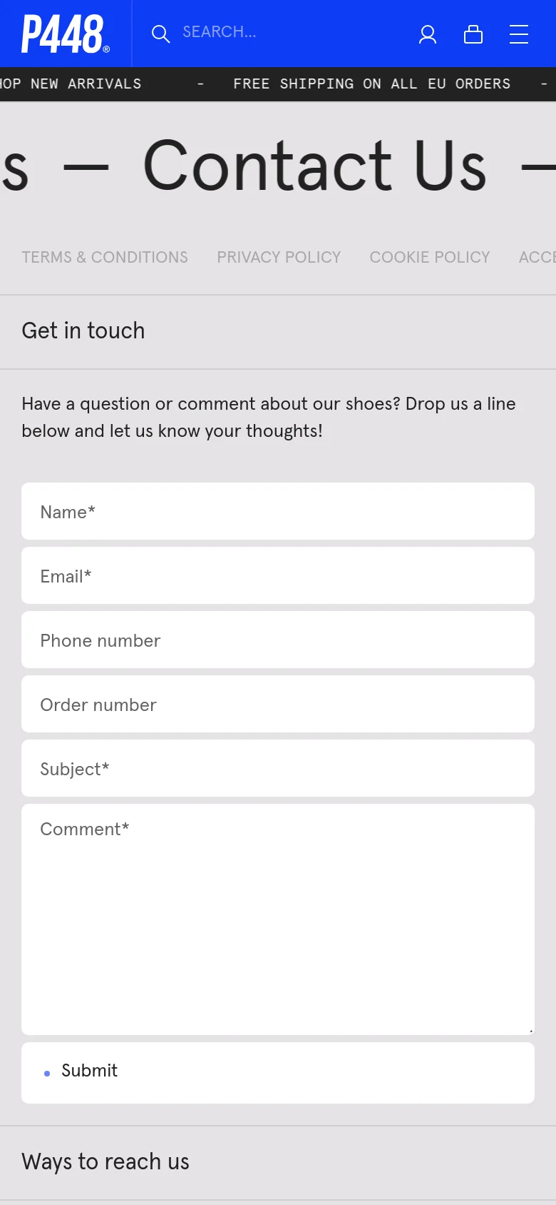 The mobile version uses a single-column vertical layout to accommodate the smaller screen. The contact form fields are stacked vertically, followed by the 'Ways to reach us' section, maintaining the clean aesthetic and blue brand accents seen on desktop.