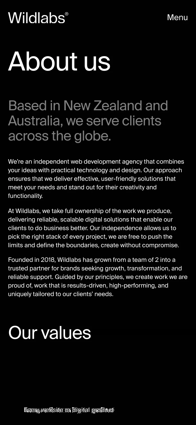 The mobile version uses a single-column vertical layout on a black background to optimize readability. The 'About us' headline and text are centered or left-aligned in a single stack, and the top navigation is replaced by a 'Menu' button. The content flows continuously from the headline through the agency description down to the 'Our values' section.