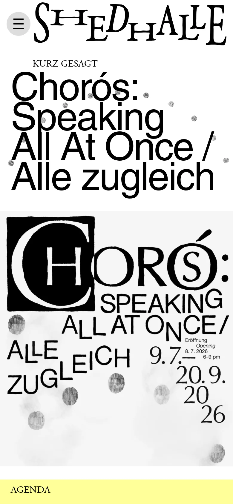 The mobile version uses a single-column vertical layout with a large hamburger menu icon at the top left. The bold exhibition title dominates the top of the screen, followed by a large, full-width version of the exhibition poster. The yellow agenda section is moved to the bottom of the page.