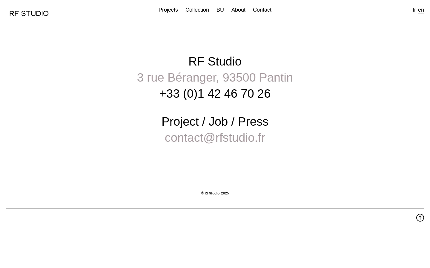 The desktop contact page features a minimalist white layout with centered black text. It displays the agency name 'RF Studio', followed by the physical address in Pantin, a phone number, and a contact email for projects, jobs, or press. A navigation menu is located at the top, and a simple footer contains copyright information.