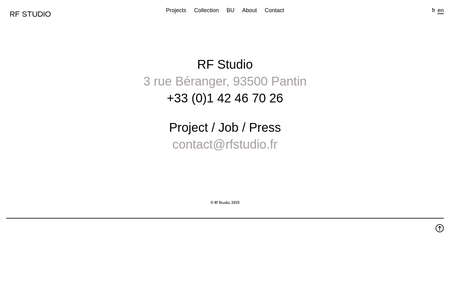 The desktop contact page features a minimalist white layout with centered black text. It displays the agency name 'RF Studio', followed by the physical address in Pantin, a phone number, and a contact email for projects, jobs, or press. A navigation menu is located at the top, and a simple footer contains copyright information.