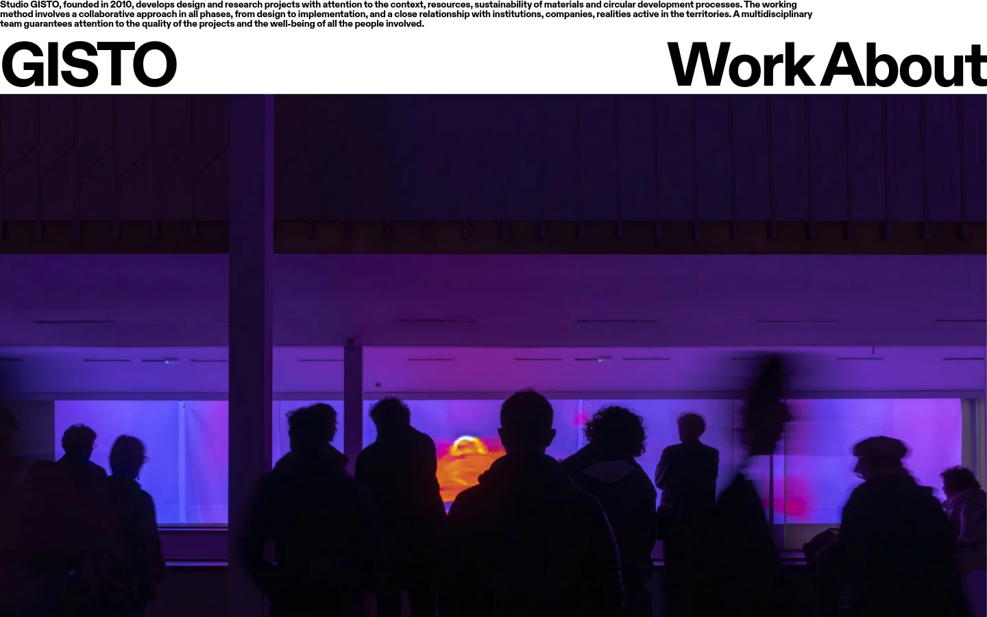 The desktop homepage features a minimalist layout with a large hero image of silhouetted figures against a purple-lit background, overlaid with bold black text for 'GISTO' and 'Work About'. Below the hero section, a vertical grid displays various project entries, each consisting of a large rectangular image followed by a bold title and a descriptive paragraph in black text on a white background.