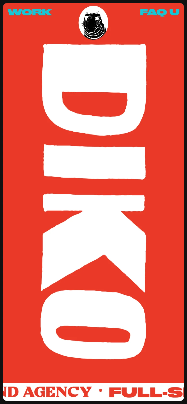 The mobile version maintains the high-contrast red and white color scheme but stacks the elements vertically. The large 'DIKO' typography dominates the center of the screen, with the navigation links 'WORK' and 'FAQ' positioned at the top and the agency description marquee at the bottom.