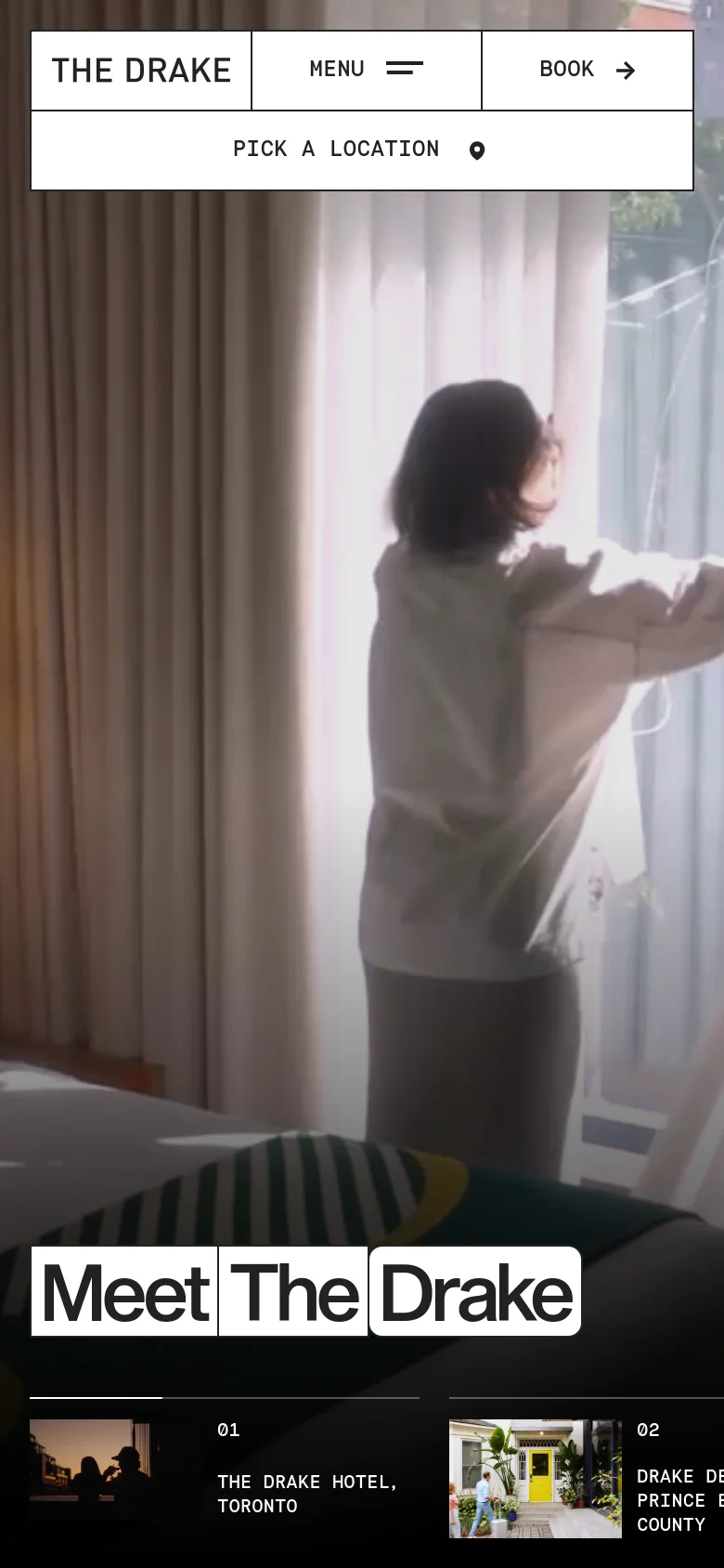 The mobile version presents a vertically stacked layout with a simplified header containing the logo, a hamburger menu, and a 'Book' button. The hero image of a person by a window is prominent, followed by the 'Meet The Drake' headline. Navigation for hotel locations is condensed into a scrollable list at the bottom of the screen.