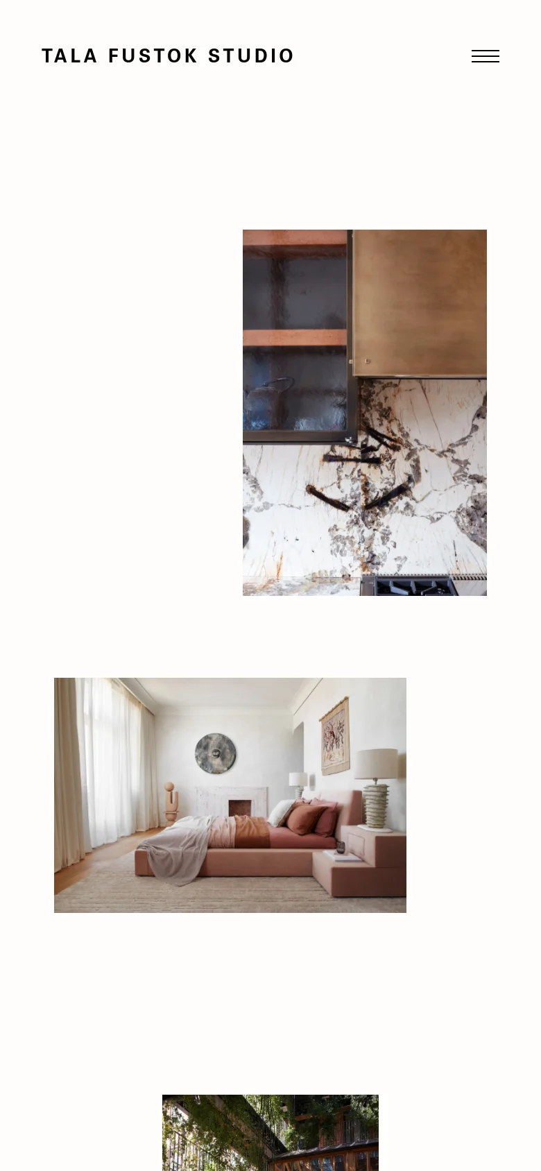 The mobile version simplifies the layout, centering the studio name at the top and replacing the text navigation with a three-line hamburger menu icon. The interior design imagery is stacked vertically to fit the narrow screen, maintaining a clean and airy aesthetic.