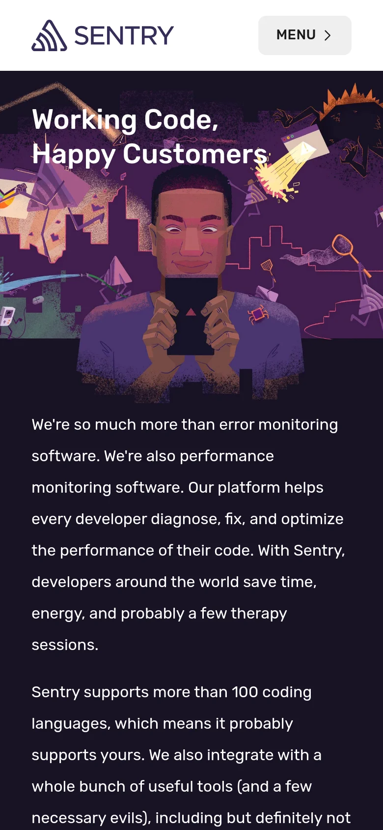 The mobile version presents a single-column layout with the Sentry logo and a 'MENU' button at the top. The hero section features the same dark purple background and colorful illustration, with the headline and descriptive text stacked vertically for easier scrolling on smaller screens.