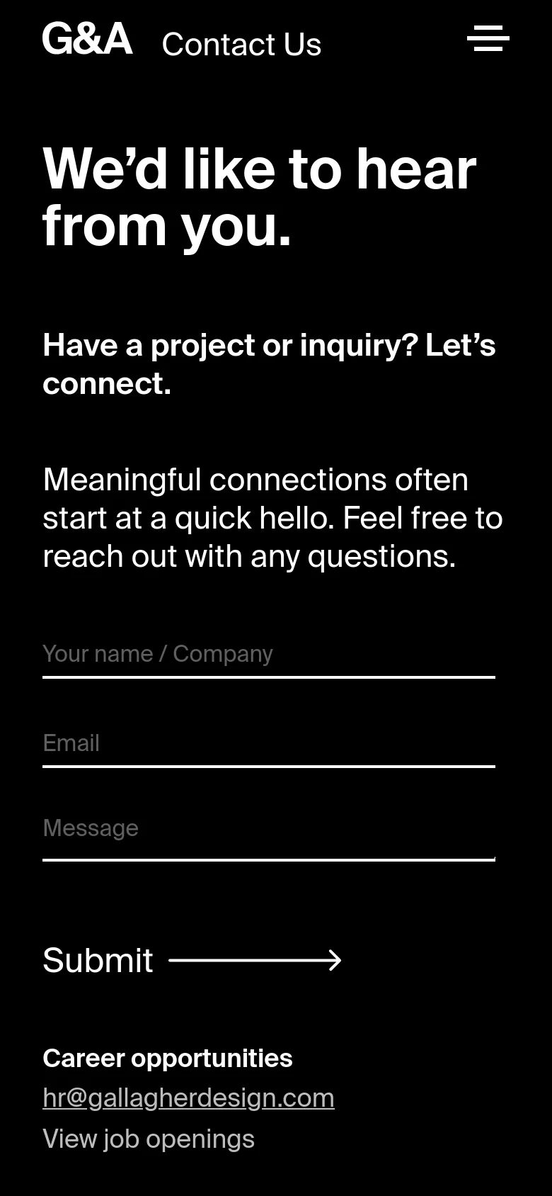 The mobile version maintains the dark theme and large white text but adopts a single-column vertical layout. The headline and introductory text are stacked at the top, followed by the contact form fields, and finally the career and inquiry contact information at the bottom.
