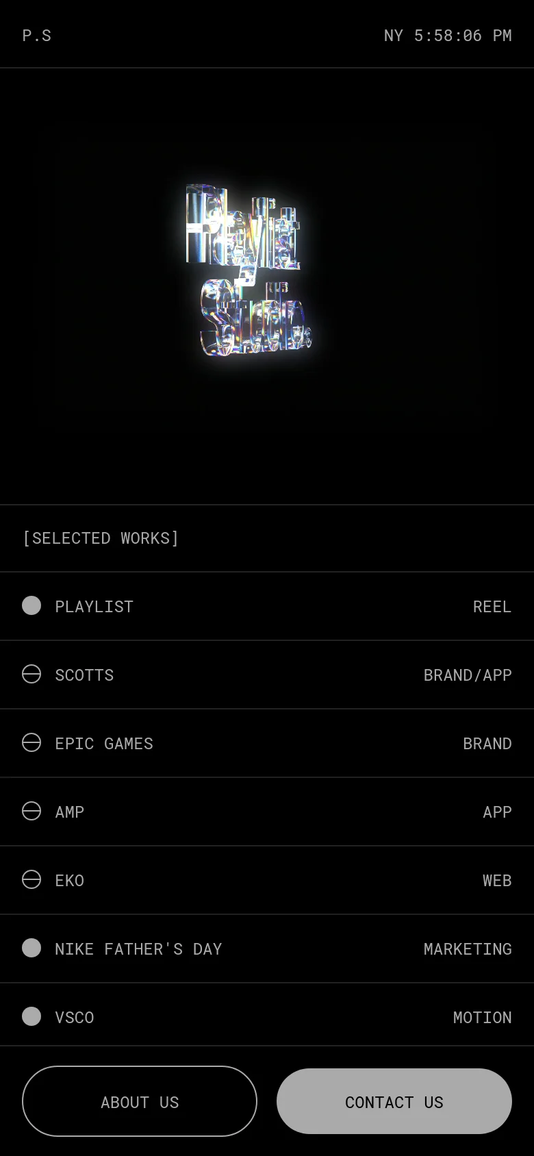 The mobile version maintains the dark aesthetic but simplifies the layout into a single vertical column. The iridescent logo is centered at the top, followed by a list of projects with their respective categories. Large, rounded buttons for 'About Us' and 'Contact Us' are prominently stacked at the bottom of the screen.