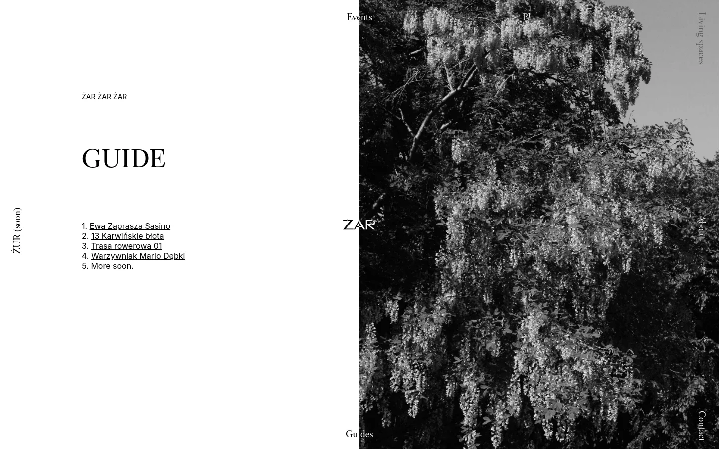 The desktop version features a minimalist, high-contrast design with a large white area on the left containing the 'GUIDE' headline and a numbered list of links. A large, vertical black-and-white photograph of flowering wisteria trees occupies the right half of the screen, with navigation links like 'Events' and 'Living spaces' positioned around the edges.