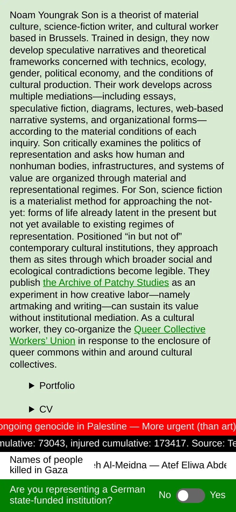 The mobile version maintains the light green background and black text but uses a single-column vertical layout. The biographical text is reflowed for a narrow screen, and the red news ticker and green footer remain pinned to the bottom of the viewport.