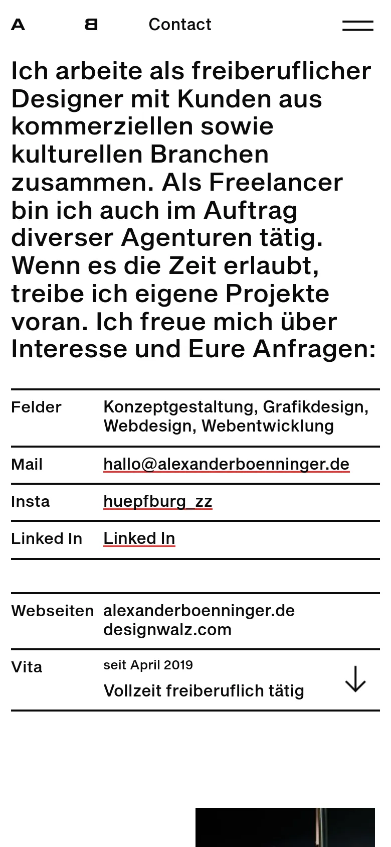 The mobile version maintains the minimalist black-and-white aesthetic but shifts to a single-column vertical layout. The large headline text remains prominent at the top, while the contact information and professional timeline are stacked vertically for easier scrolling on a narrow screen.