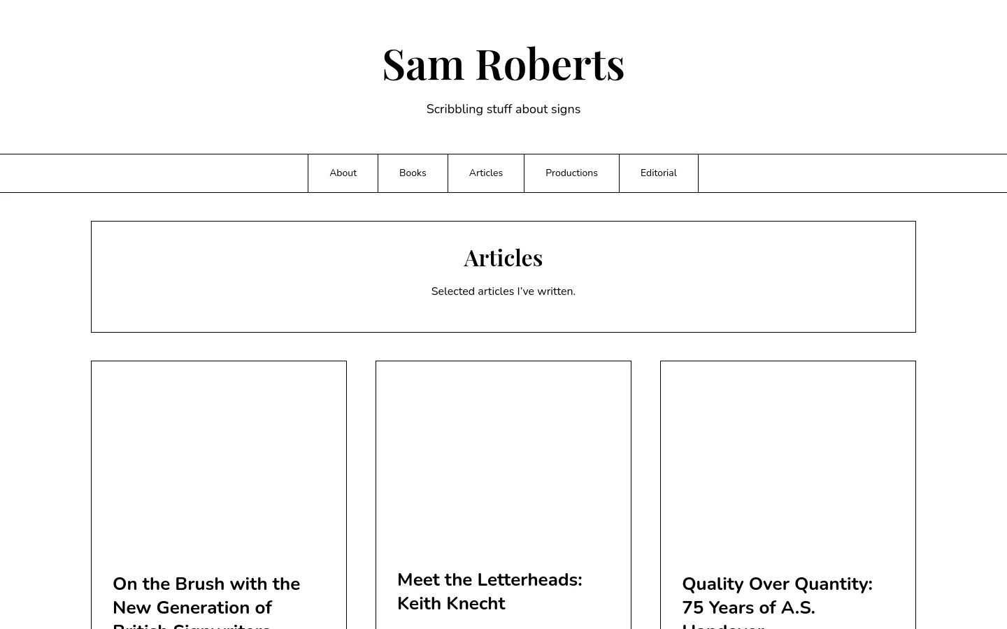 The desktop version of the Articles page features a clean, minimalist white layout with a centered header and navigation menu. Below a large hero box titled 'Articles', a grid of article cards displays large feature images, bold headlines, short descriptions, and 'Continue Reading' buttons.