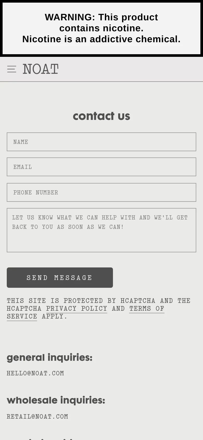 The mobile version uses a single-column vertical layout, stacking the contact form fields and the 'SEND MESSAGE' button on top of each other. The inquiry email addresses and social media links are moved below the form to accommodate the narrow screen width.