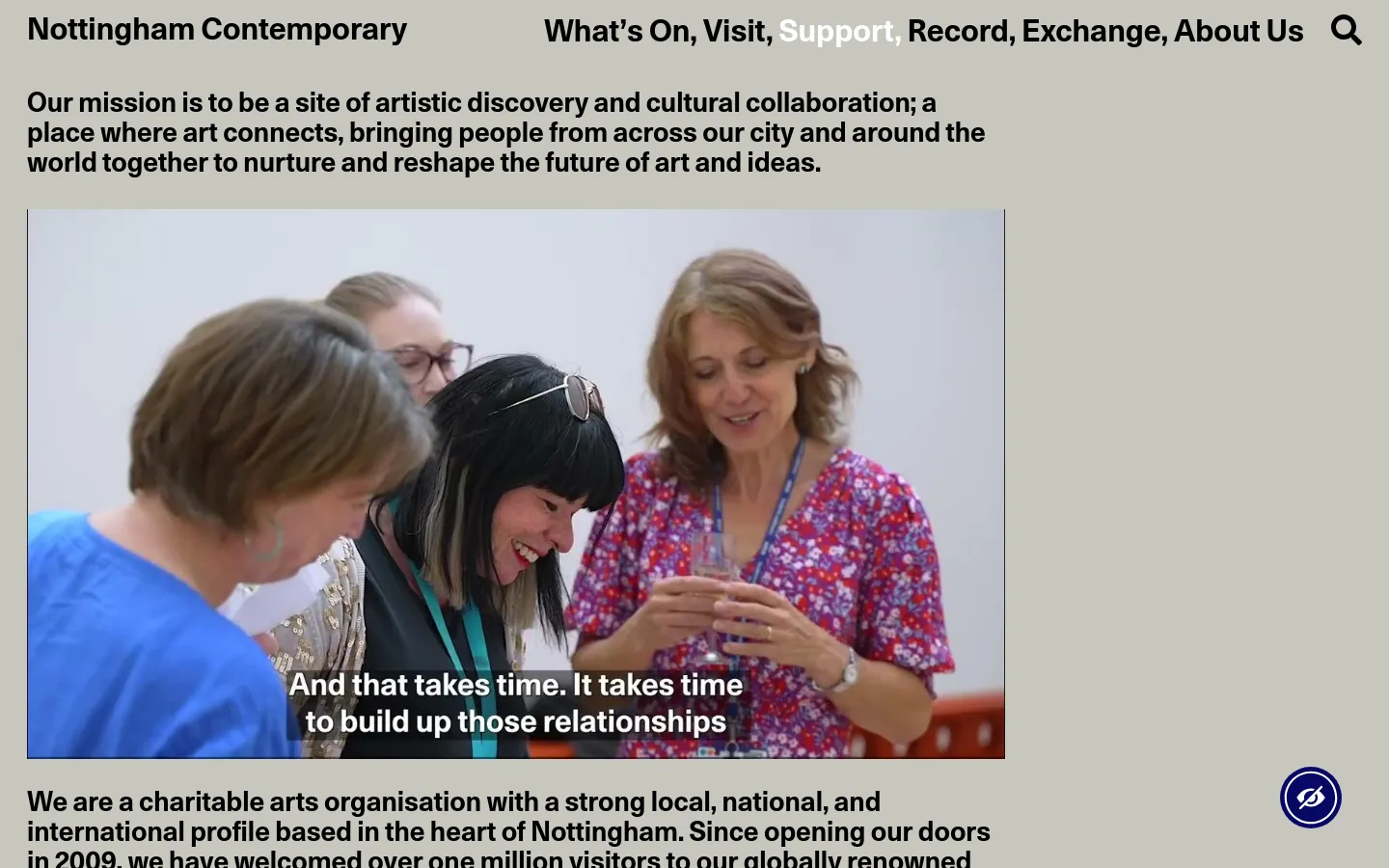 The desktop page features a clean layout with a white background and black text, topped by a navigation menu including 'Support'. A large hero image shows three women interacting in a social setting, overlaid with the text 'And that takes time. It takes time to build up those relationships.' Below the image, text describes the organization's mission and various ways to donate or join giving circles.