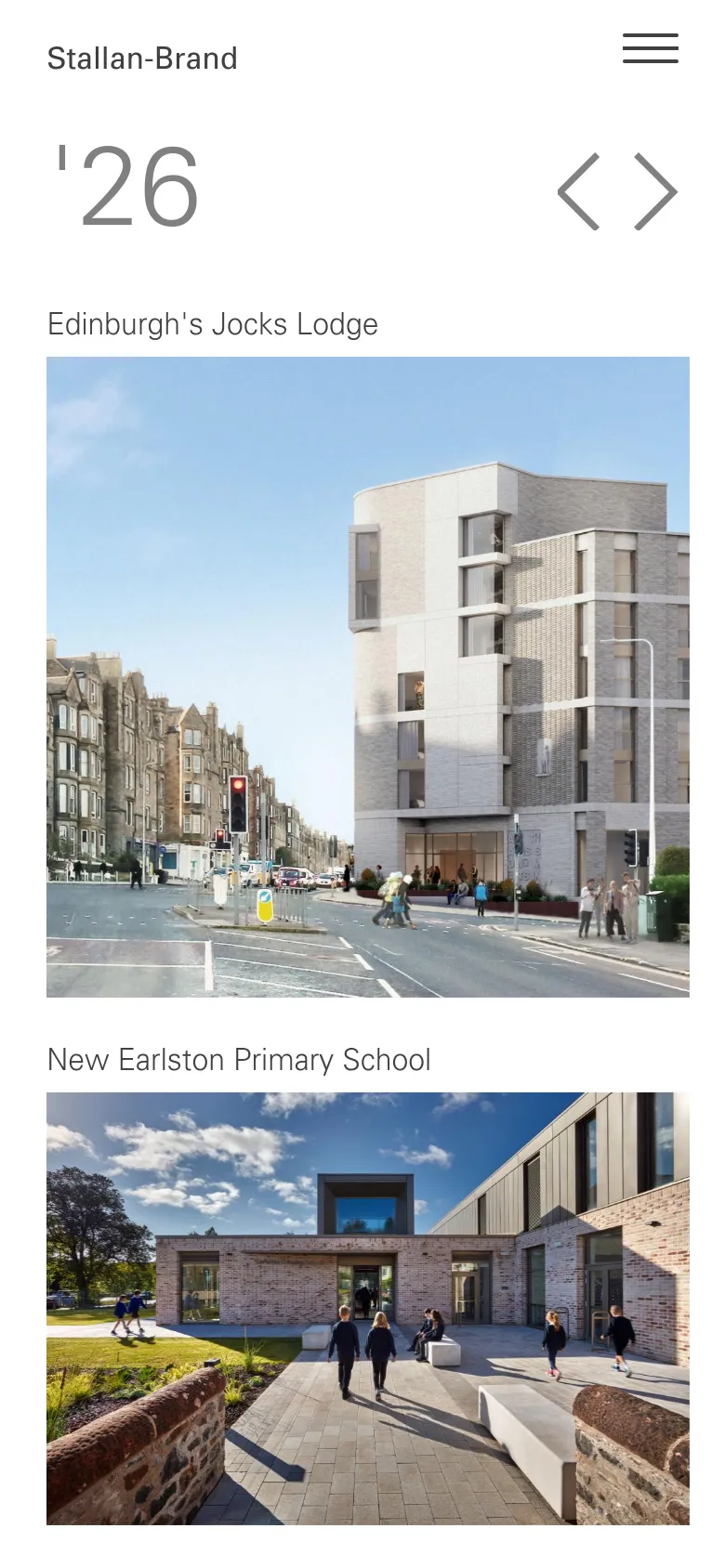 The mobile version presents a simplified vertical stack of the journal entries. The large year headings and project titles are followed by full-width high-resolution images of the architectural works, such as Edinburgh's Jocks Lodge and New Earlston Primary School, creating a single-column scrolling experience.