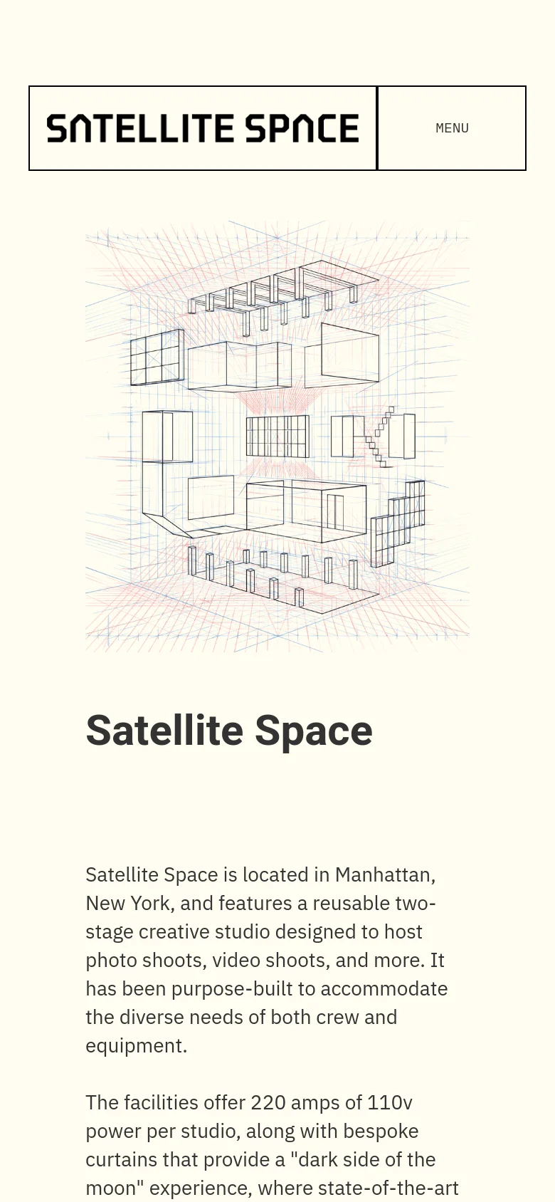 The mobile version simplifies the layout into a single column with a centered logo and a prominent 'MENU' button. The technical wireframe illustration is centered below the menu, followed by the 'Satellite Space' headline and body text, optimized for vertical scrolling on a smaller screen.