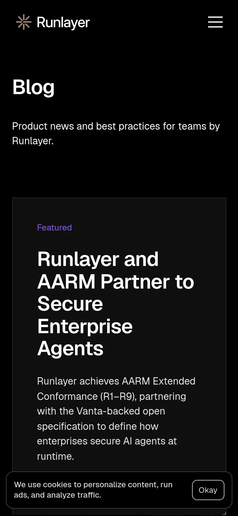 Runlayer blog page in a mobile layout with a stacked single-column design. The featured article occupies the full width with large white sans-serif typography and a dark, minimalist aesthetic, followed by a vertical feed of blog posts.
