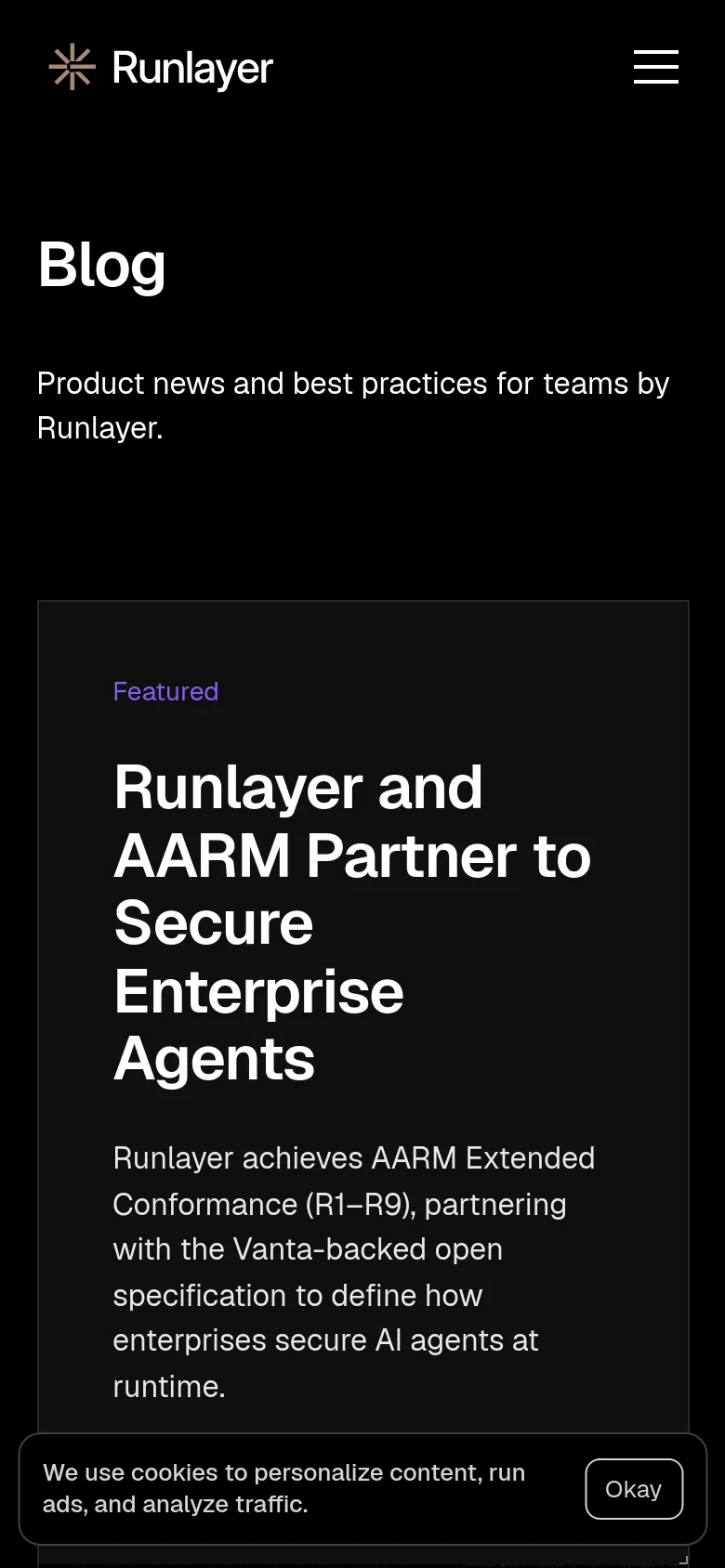 Runlayer blog page in a mobile layout with a stacked single-column design. The featured article occupies the full width with large white sans-serif typography and a dark, minimalist aesthetic, followed by a vertical feed of blog posts.