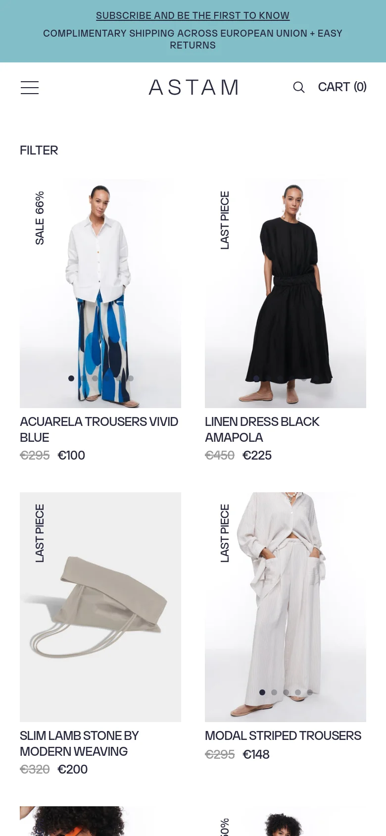The mobile version presents a single-column vertical scroll of large product images, making the clothing details more prominent. The navigation is condensed into a hamburger menu icon on the left, with the brand name centered and a search icon and cart indicator on the right. The light teal announcement bar remains at the top of the viewport.