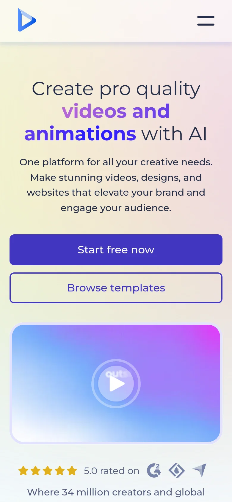 The mobile version uses a vertical stack layout optimized for small screens. The headline and description are centered at the top, followed by two full-width buttons for 'Start free now' and 'Browse templates'. A large video preview occupies the center, with the star rating and brand logos positioned at the bottom.