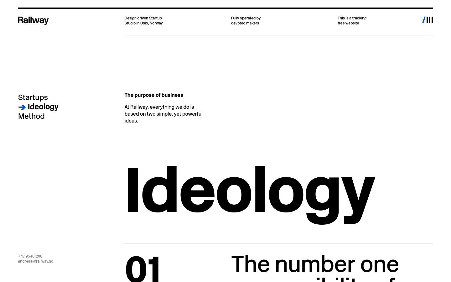 The desktop page features a minimalist white design with black text and a clean navigation bar at the top. A large, bold 'Ideology' headline dominates the center, followed by a section titled 'The purpose of business' that introduces two core principles numbered 01 and 02 in large font.